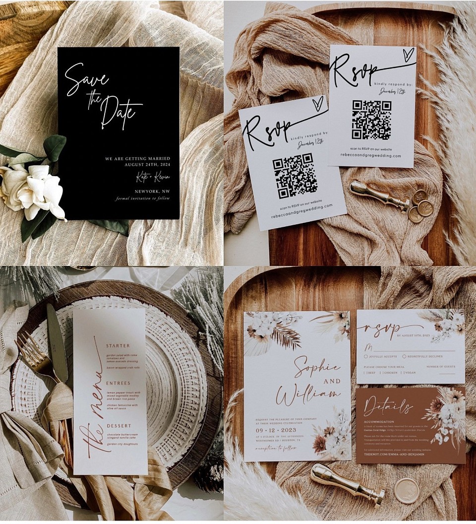 Wedding invitations, Menus, Rsvp & Save the date